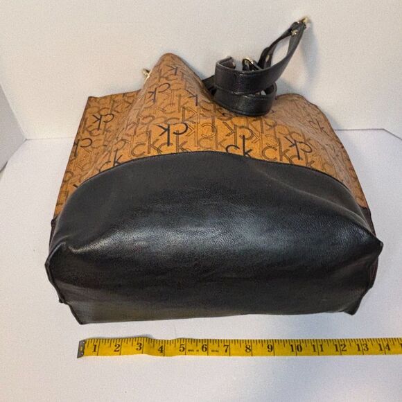 Calvin Klein Leather Tan Black Monogram Shoulder Bag Handbag Purse - Picture 8 of 8